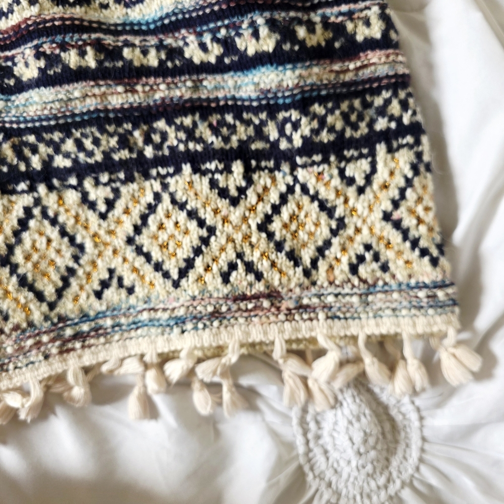 Adyson Parker Boho Knit Hooded Sweater Poncho Cardigan Cream Blue Gold, 2X - Picture 8 of 8